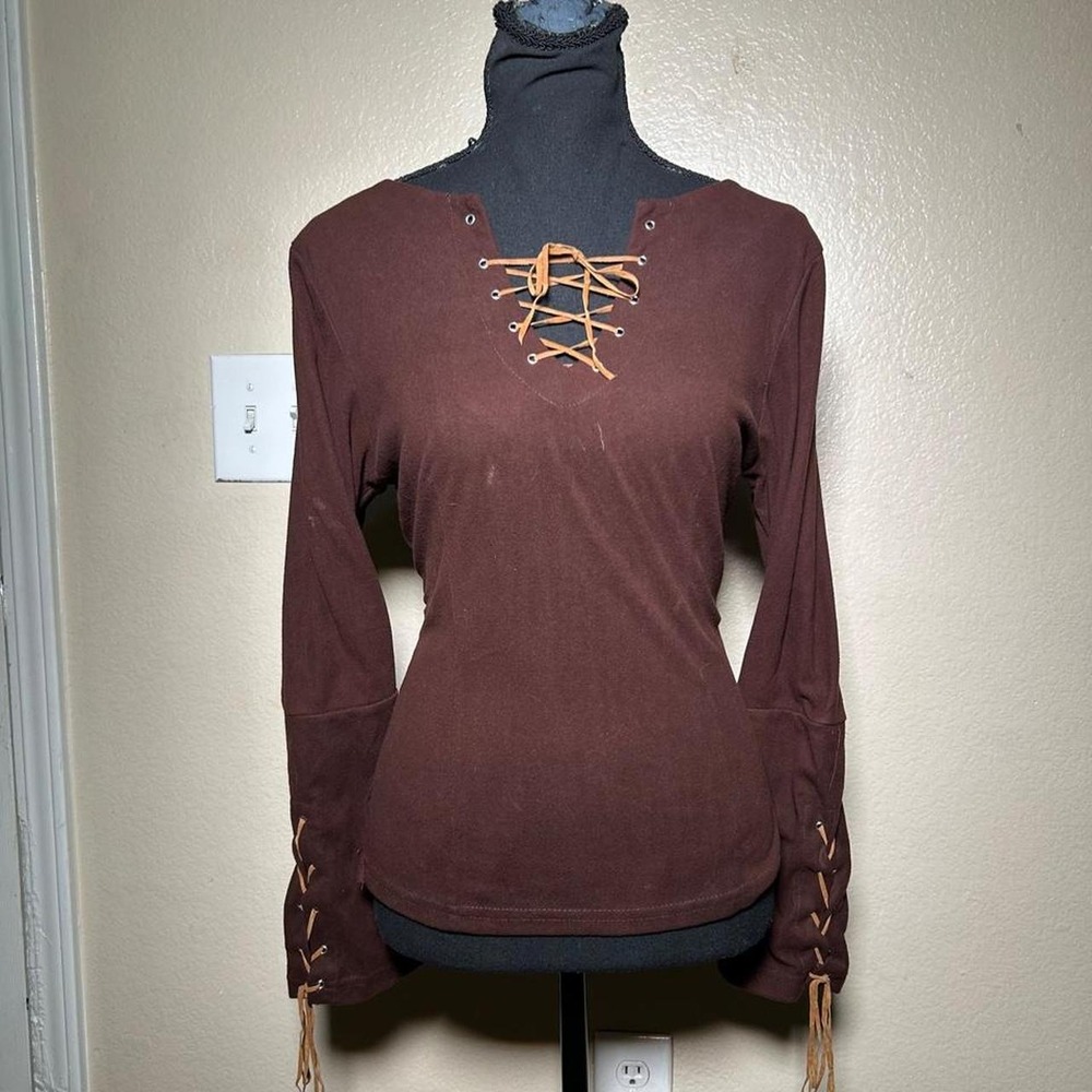 Vintage Thrill Y2K Lace-Up Long Sleeve Top Brown Corset Boho Grunge Medium USA